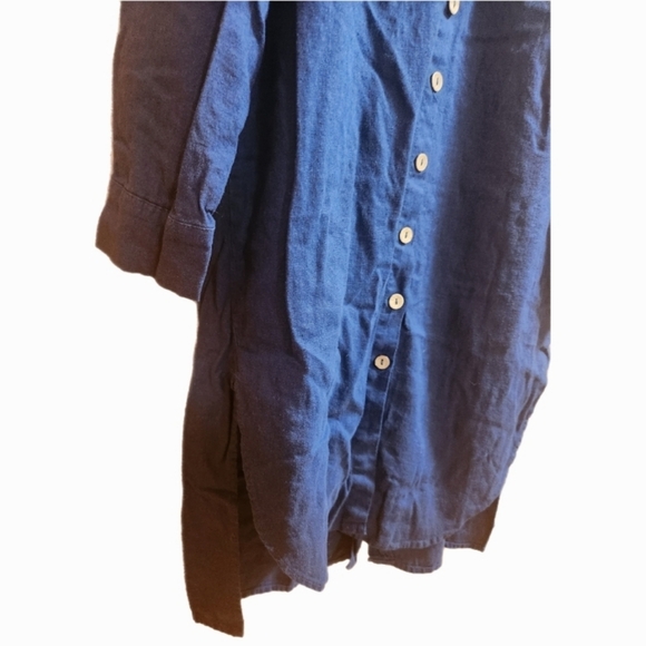Blue Button-Up Linen Blend Shirt Dress - Picture 3 of 6